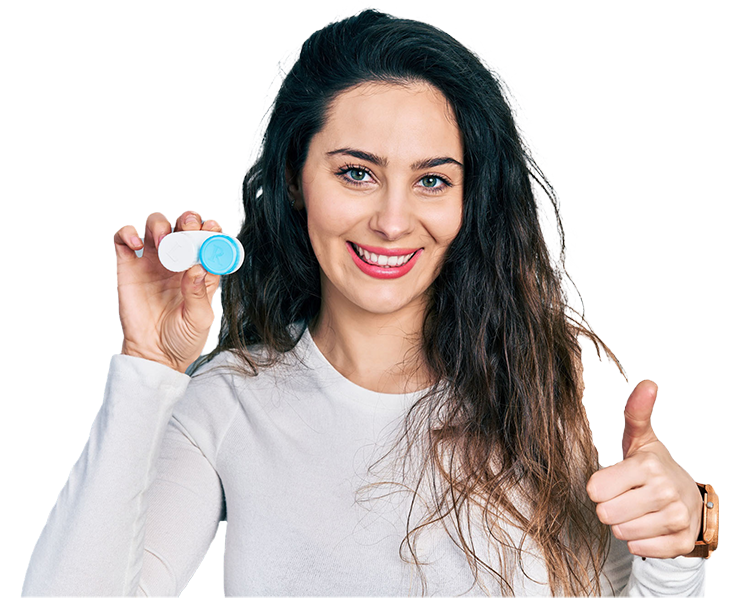 Young hispanic woman holding contact lenses smiling happy and positive, thumb up doing excellent and approval sign
